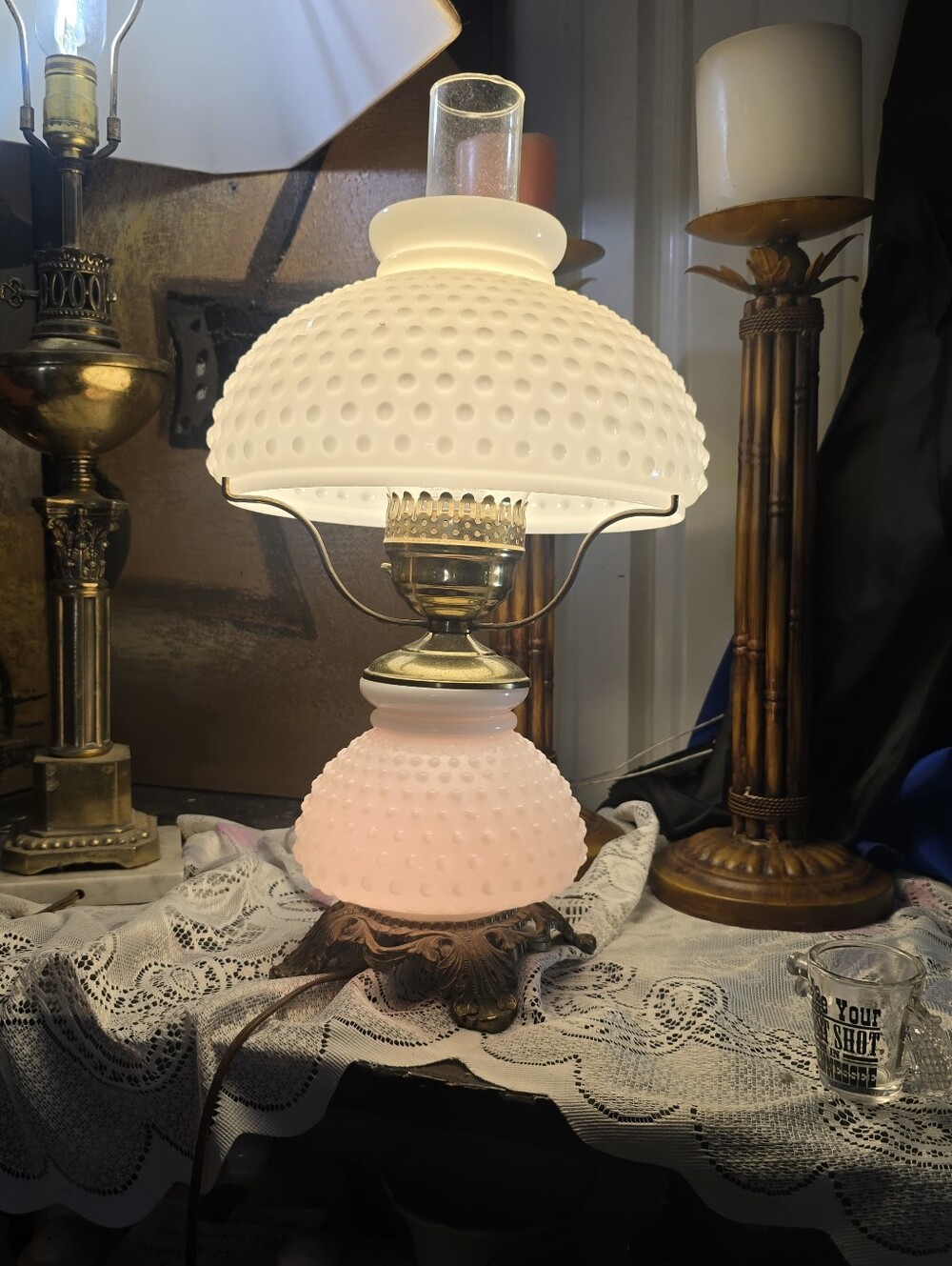Vintage Milk Glass Parlor Lamp With Glass Center Chimney 20 In Tall 3 Way Switch